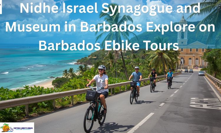 Riders enjoying Barbados ebike tours along a scenic coastal road with ocean views and tropical surroundings on the way to the Nidhe Israel Synagogue and Museum.